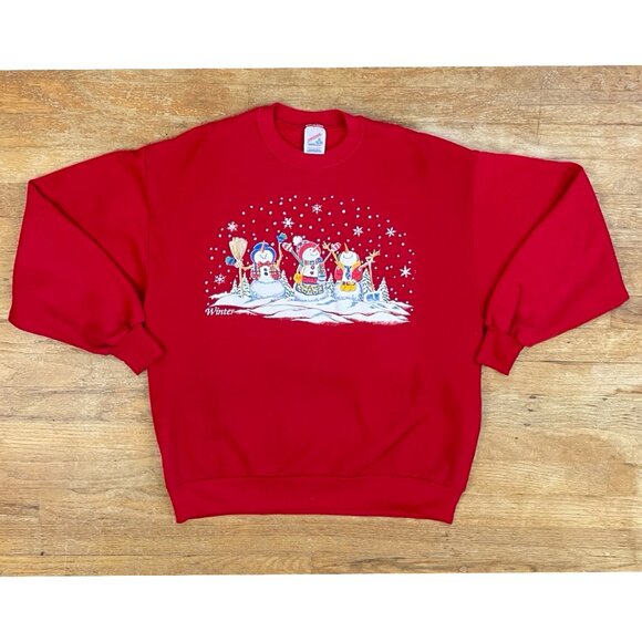 Unique Vintage Tops - Vintage Winter Snowman Sweatshirt Size Large/XL 90s Red Holiday Crew Neck